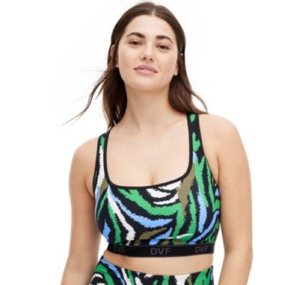 New Diane Von Furstenberg Black Green Blue Disco Zebra Sports Bra XS - Picture 2 of 8